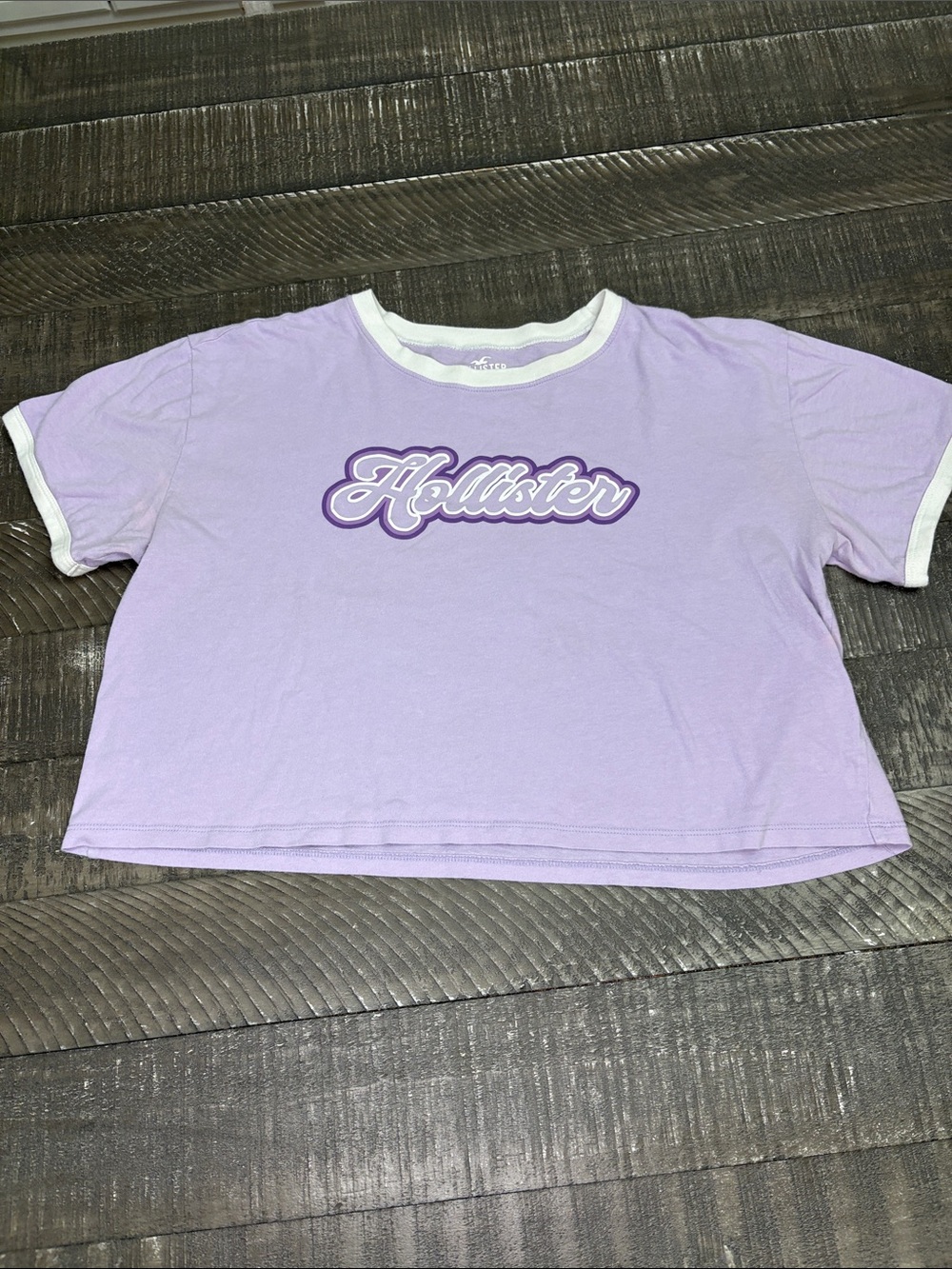 Hollister Lavender Logo Ringer Crop Tee with White Trim Juniors
